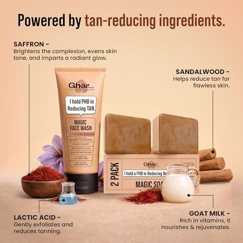 Image of Ghar Soaps Magic De-Tan Face Wash & Sandalwood Saffron Magic Bar Combo Pack of 2 | With Sandalwood, Saffron & Glutathione | Tan Removal, Skin Brightening & Glowing Skin | Handmade & Paraben-Free