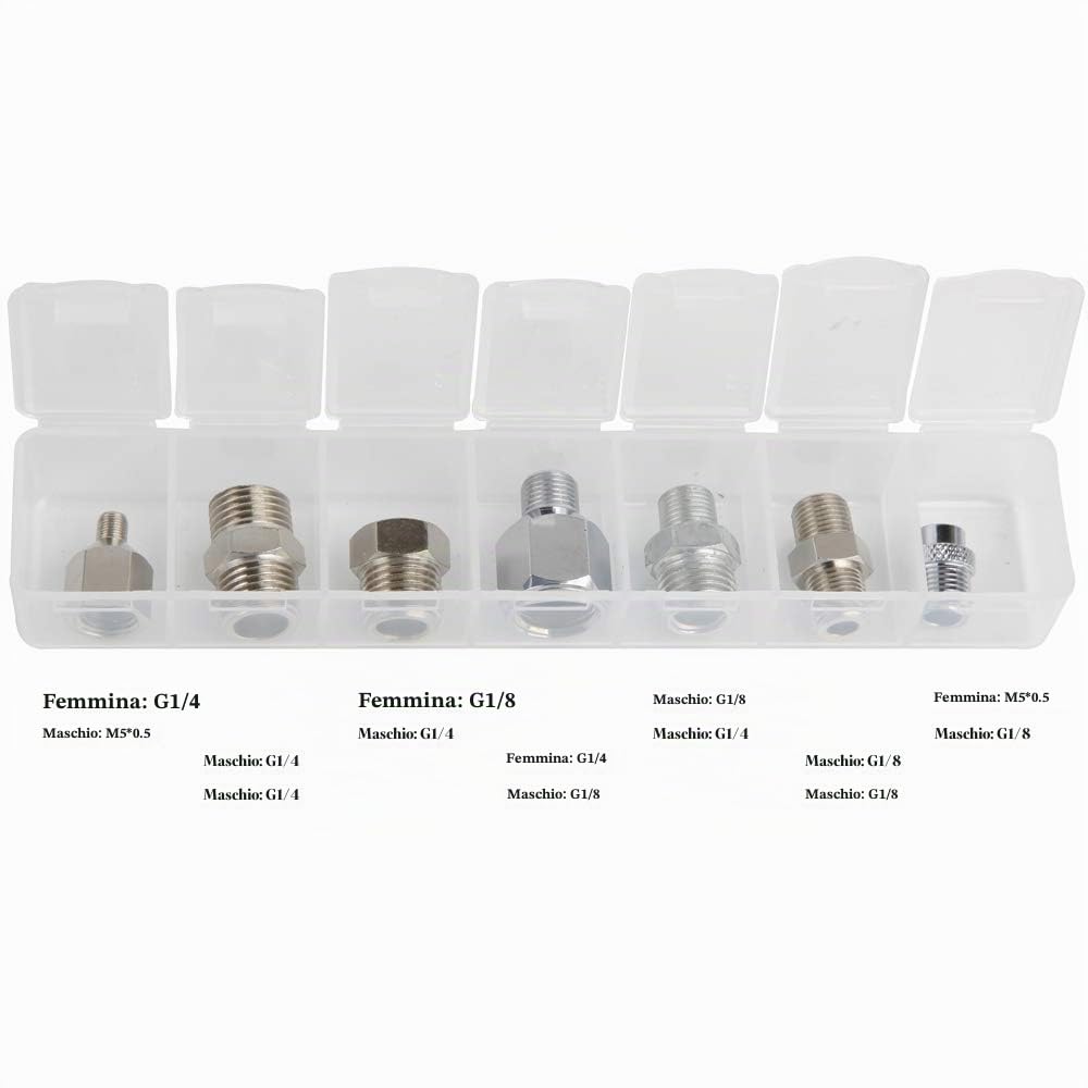 Fengda Adattatore per aerografo Set di adattatori per tubo 7PCS Tappo filettato per aerografo per collegare aerografo e compressore d'aria con scatola trasparente