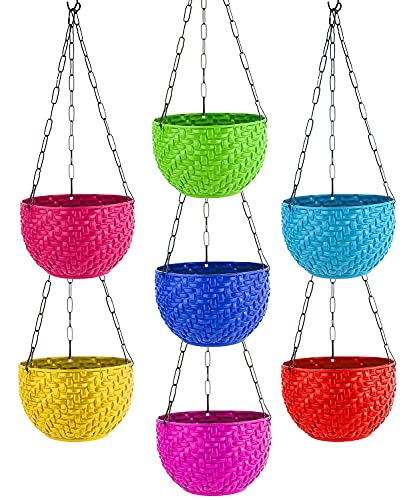 Image of Bianco Multicolor Round Rattan Woven Plastic Flower Hanging Planter /Beautiful Round Gamla Pot /Flower Hanging Pot (Pack of 7)