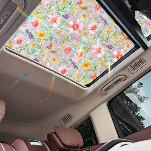 Bloss Flower Car Sunroof Stained Glass Sticker Stain Glass Window Film for Sunroof Glass Sunroof Windows Decal Privacy Window Film Decorative Rainbow Automotive Window Tint Film 17x39.4Inch
