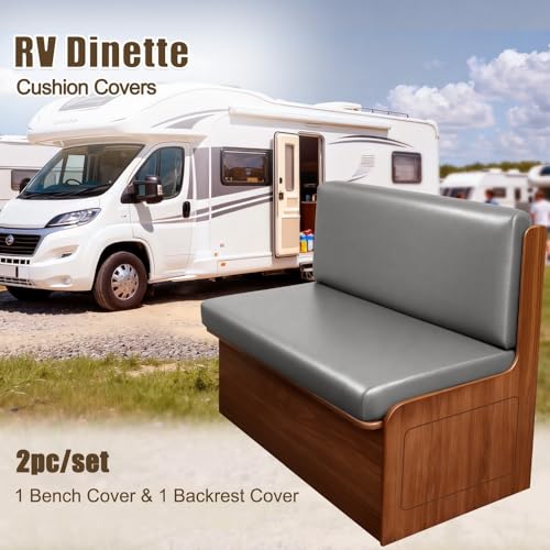 Image of SearchI PU Leather RV Dinette Cushion Covers, Stretch Camper Cushion Slipcovers for Travel Trailer Couch RV Booth Seat, Replacement Camper Chair Protector(1 Backrest Cover & 1 Bench Cover, Grayish)