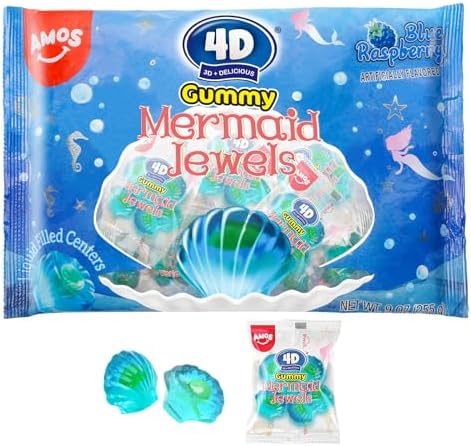 Amos 4D Mermaid Gummy Candy, Blue Raspberry Flavor, Christmas Candy 9oz Individually Share Pack Wrapped Mini Packs