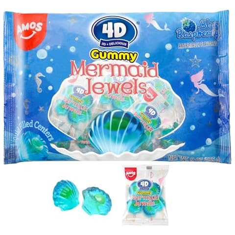 Amos 4D Mermaid Gummy Candy, Blue Raspberry Flavor, Christmas Candy 9oz Individually Share Pack Wrapped Mini Packs, Soft Jelly-Filled Seashell Treats for Girls' Mermaid Parties Cover