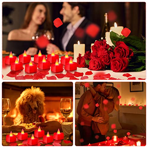 Image of Coume 6000 Pieces Artificial Rose Petal 72 Pieces LED Tealights Candle, Romantic Decorations Special Night Rose Petal Heart Candle for Valentines Wedding Anniversary Proposal Decor(Red Light)