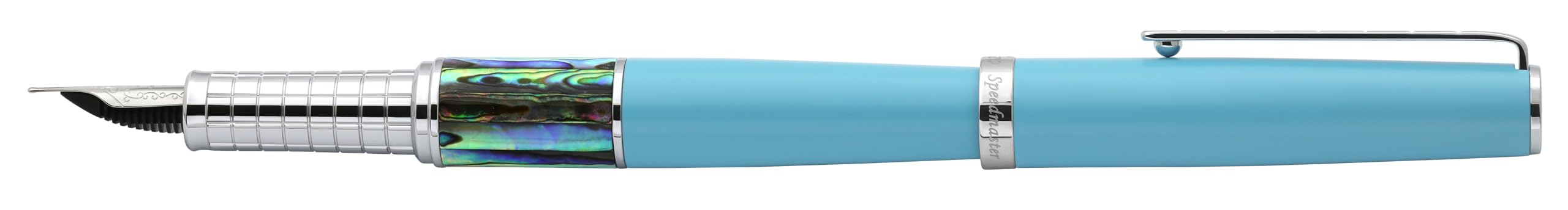 Xezo Speed Master Füllfederhalter, Feine Feder. Matt Himmelblau mit Pāua Abalone Muschel. Verchromt. Leichter Messingkörper. Keiner gleicht dem Anderen