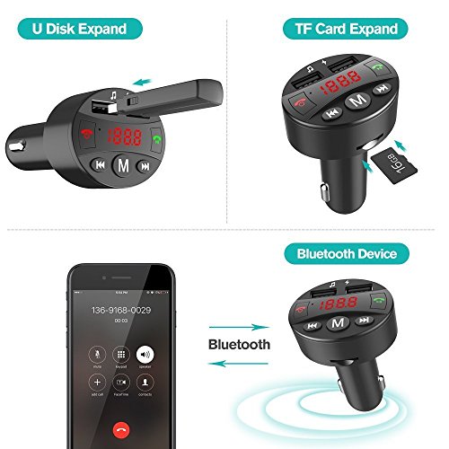 Auledio Bluetooth FM Transmitter, Wireless in-Car FM Transmitter Radio Adapter Hands Free Car Kit with 5V/2.1A USB Car Charger Support TF Card and USB Flash Drive - Thumbnail 5