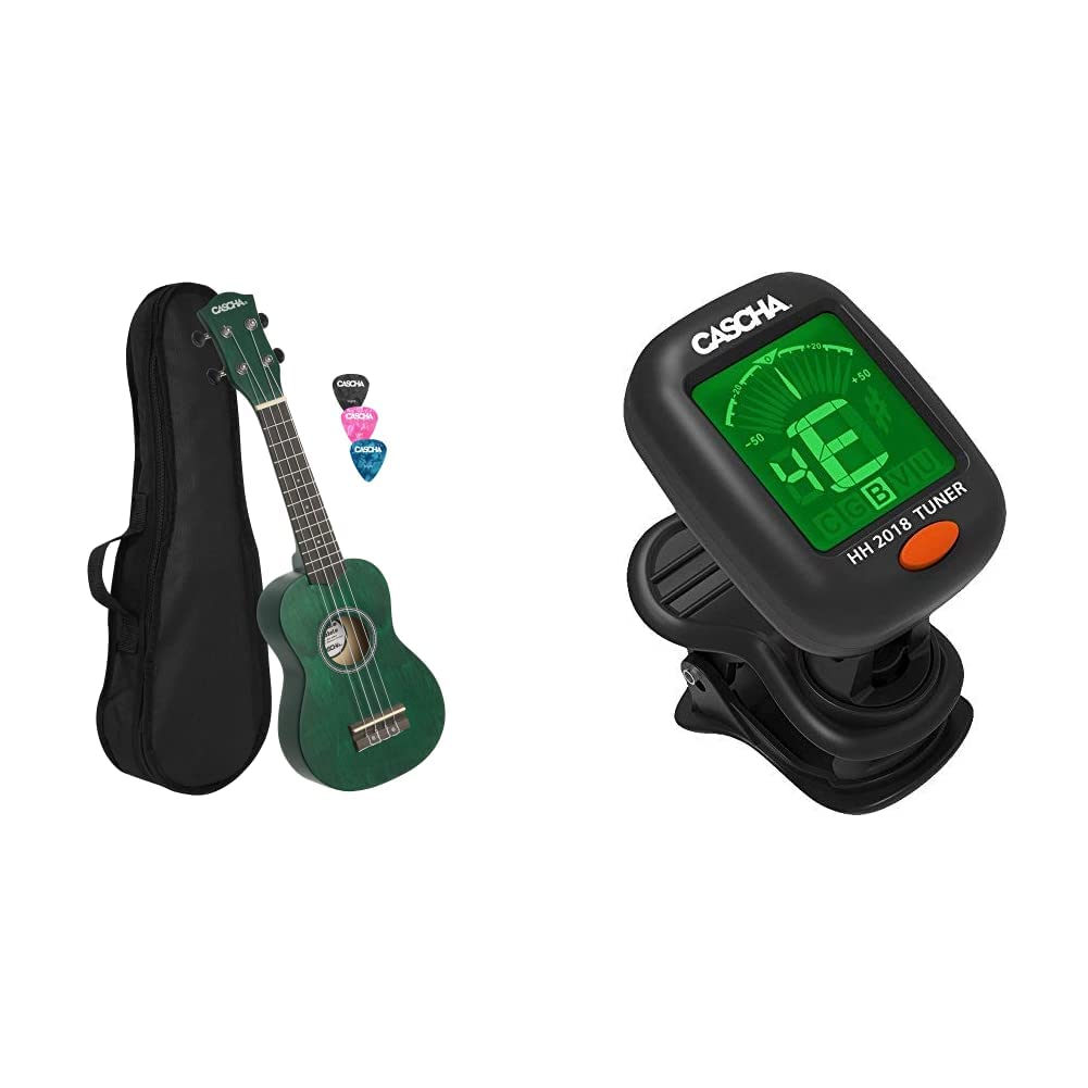 CASCHA Sopran Ukulele Set für Kinder und Erwachsene I Starter Kit Mit 3 Plektren, Tasche & Stimmgerät für Gitarre, Bass, Geige I Digital Stimmer, Clip-on Guitar Tuner, Schwarz