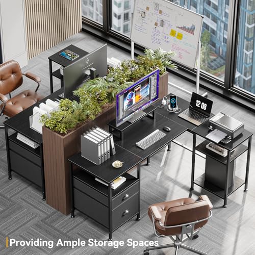 Image of Furologee 50 Inch L Shaped Gaming Desk with Power Outlet, Corner Computer Desk for Home Office, Reversible Work Study Table with File Drawer, Monitor Stand, Storage Shelves, Black