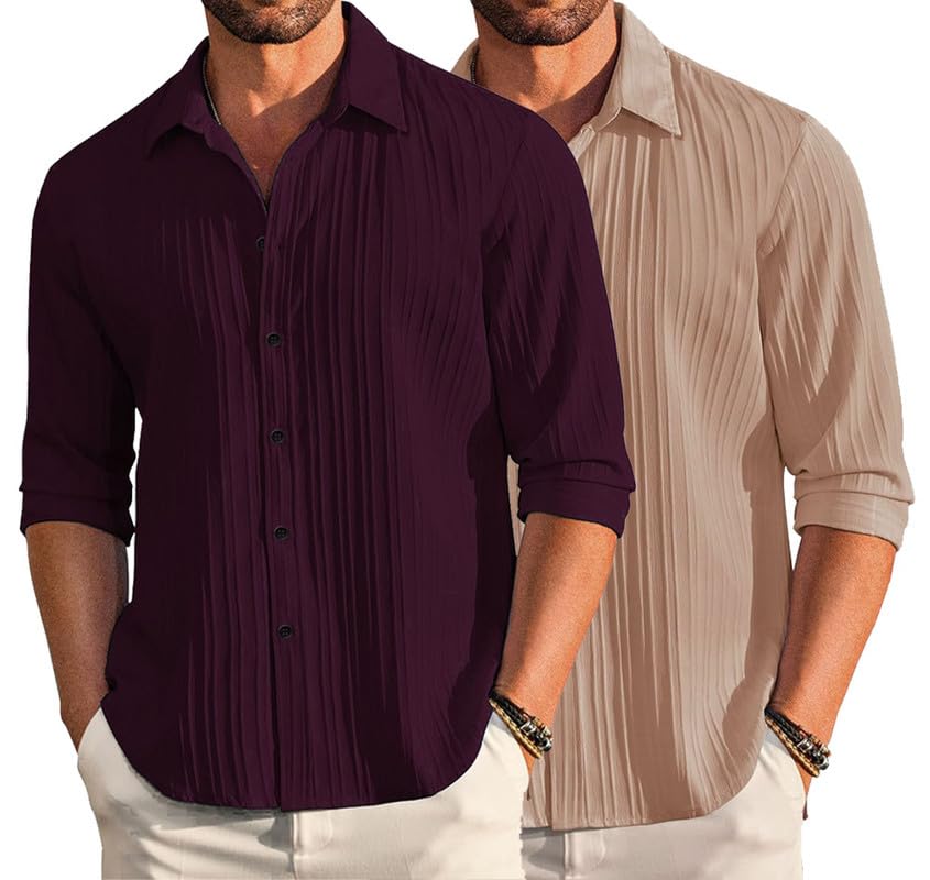 Image of DEELMO Combo of Men's Casual Button Down Shirts Long Sleeve Linen Shirt Fashion Textured Summer Shirts Pack of 2