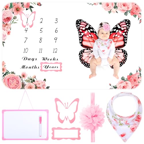 Image of Chumia 6 Pcs Monthly Baby Milestone Blanket for Baby Girl Boy Set Baby Age Blanket Baby Month Blanket Newborn Growth Chart Blanket with Bandana Frame Headband(Pink, Floral Pattern)