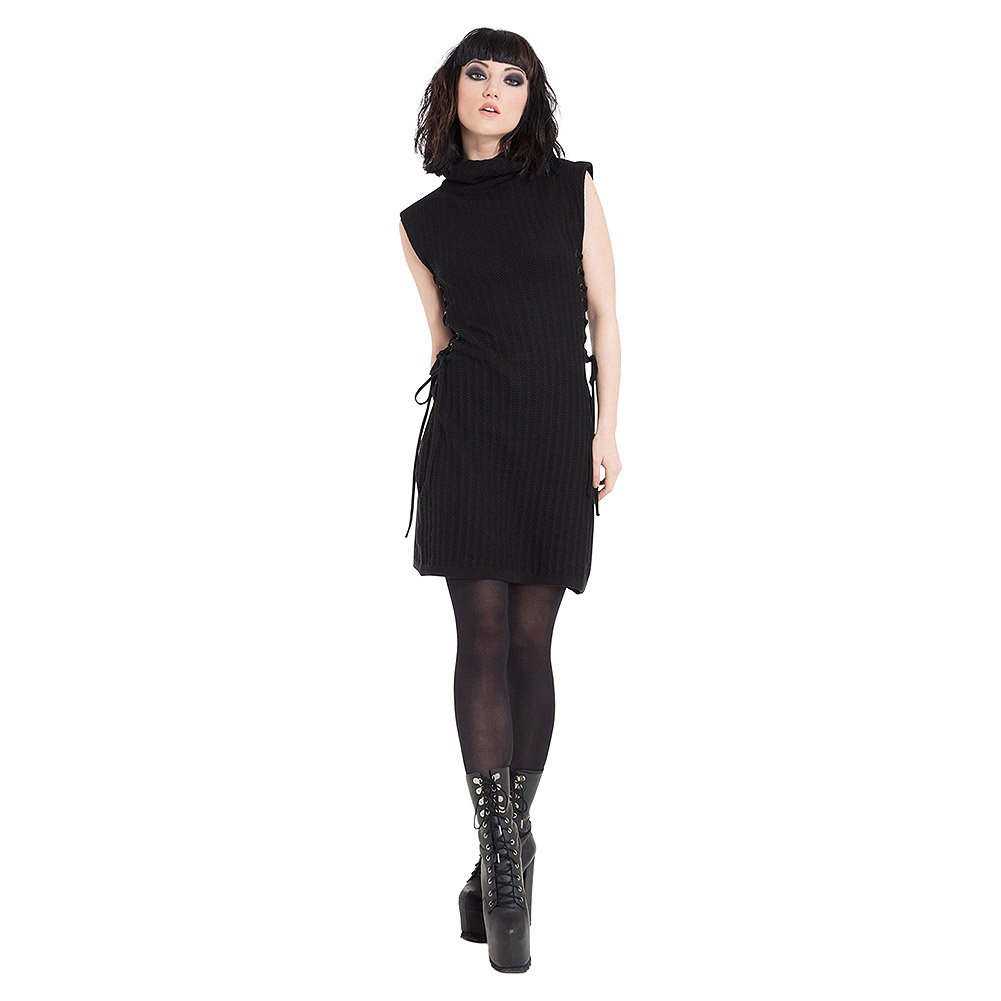 Jawbreaker Women's Black Knitted Turtle Neck Dress Xl Girls Gothic Rock-Stud Waist Mini Dress Club Dress Harley Purple Goth Punk Occult Steampunk
