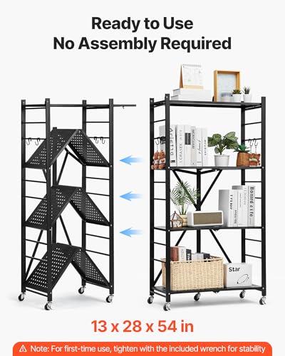 Image of VEVOR 4-Tier Foldable Storage Shelf, 28W x 13D x 54H Inch Folding Metal Rack Shelving Unit, No Assembly Organizer Shelf with 5 Wheels & 4 Hooks for Pantry, Kitchen, Garage, Basement, Black