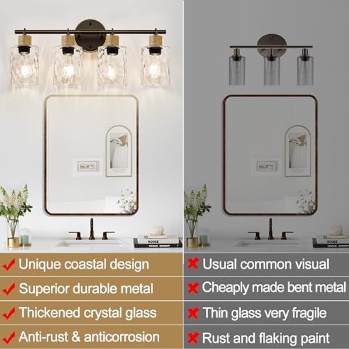 Image of MOKATNG Bathroom Light Fixtures, 4-Light Coastal Vanity Lights with Crystal Glass Shade, Oil-Rubbed Bronze Bathroom Wall Lamp for Mirror Kitchen Hallway Cabinet