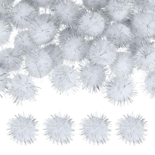 M METERXITY 60-Pack Glitter Pom Pom Balls 1 in/2.5 cm Mini Tinsel Sparkle Balls for Arts/DIY Crafts/Party Decoration/Christmas/Cat Soft Assorted Puff Ball [White]