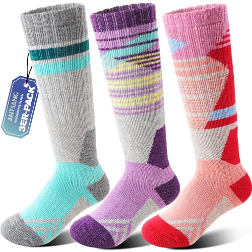 ANTSANG 3 Paar Kinder Merino Woll Skisocken für Jungen und Mädchen Thermische warme dicke Wintersocken mit Polsterung für Snowboarden und Skifahren(Lila/Rot/Grau 29-34)
