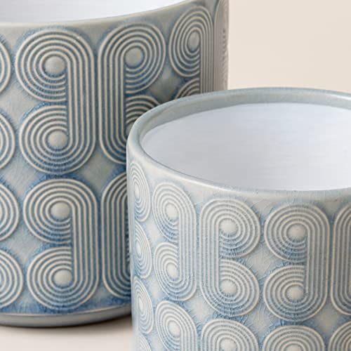 La Jolie Muse Ceramic Planter Set Of 2 - 6.6 Inch Greece Style Embossed Flower Pot W/ Drain Hole For Indoor, W/ Classic Scrolls Pattern, Peacock Blue #TOP3