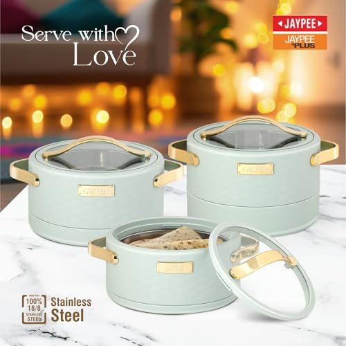 Image of JAYPEE Luxura Klass Set Inner Steel Serving Painted Casserole Set Of 3 Toughened Glass Lid Advanced PU Insulated 100% Food Grade Lockable Hot Box Easy To Keep Roti,Pulao & More|1500,2000,2500 Ml,Green