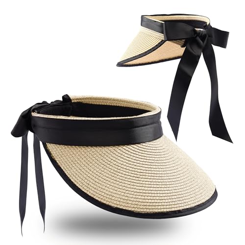 JJDreams Chapeau d'été Pliable Chapeau de Paille avec Fermeture Velcro et nœud Papillon Casquette à visière Écran de Protection Casquette de Baseball...