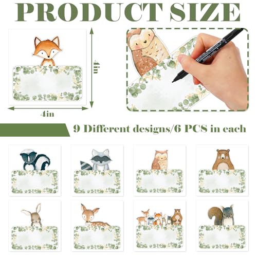 Image of Whaline 54 Pcs Woodland Animal Name Tag Stickers Back to School Jungle Animal Self Adhesive Decals Blank Name Labels for First Day of School Home Classroom Office