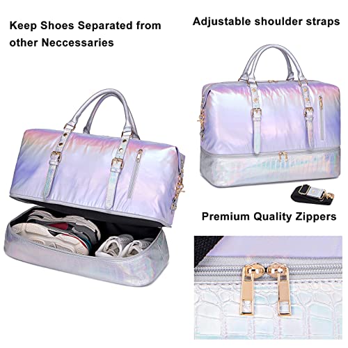Image of CAMTOP Travel Duffle Bag Women Men Waterproof Shoulder Weekender Overnight Carryon Bag Sports Tote Gym Bag with Shoe Pocket and Trolley Sleeve, Purple