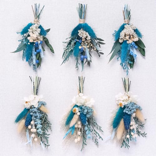 Mini Dried Flower Bouquets (Pack of 6), Blue DriedFlower Bouquets, Groomsmen and Groomsmen Boutonnieres, Dried Cake Flowers, Wall Decorations, Dried Card Flowers. (Grey Blue)