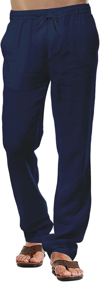 Mens Linen Trousers Casual Cotton Trouser Summer Beach Pants Lightweight Drawstring Trousers