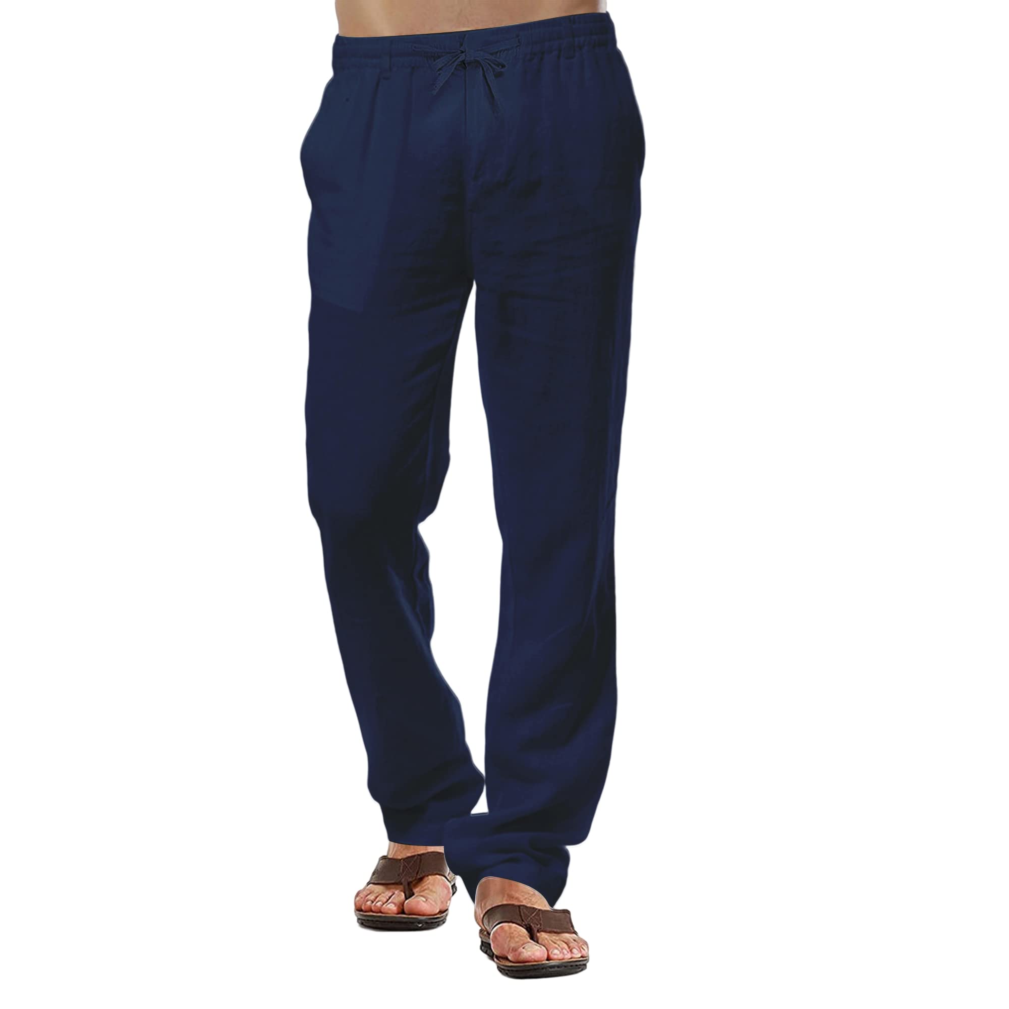 Herren-Leinenhose, lässige Baumwollhose, Sommerhose, Strandhose, leichte Hose mit Kordelzug