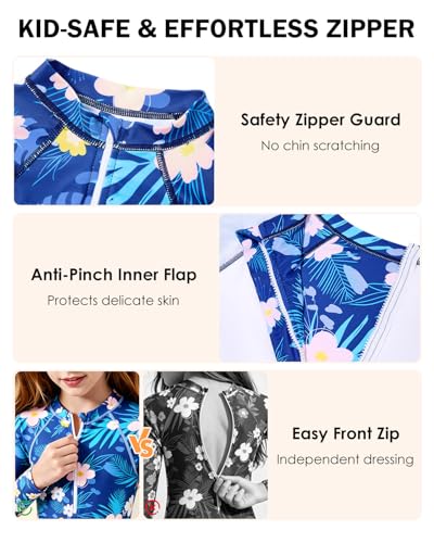 Image of Century Star UPF 50+ Girls Long Sleeve Swimsuit - Rash Guard Swimsuit Toddler Kids Teen One Piece Bathing Suit Zip 2-15Y