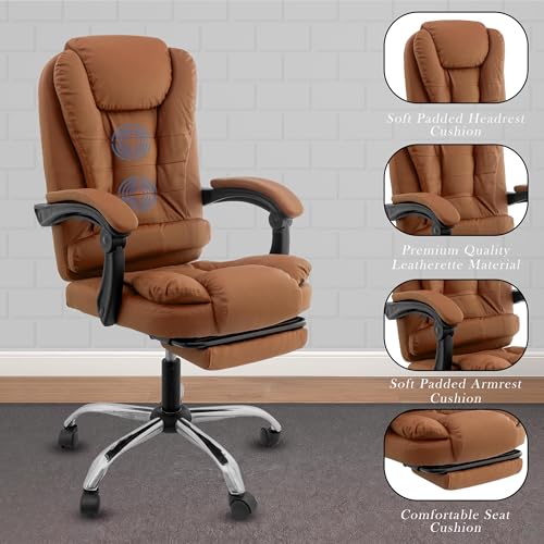 Image of Italia Leatherette Office Chair for Work | Boss Chair, Luxurious Cushioned Arms & Seat, 2 Point Back Massager, Adjustable Leg Rest, Heavy Duty Metal Base (Mud Brown)