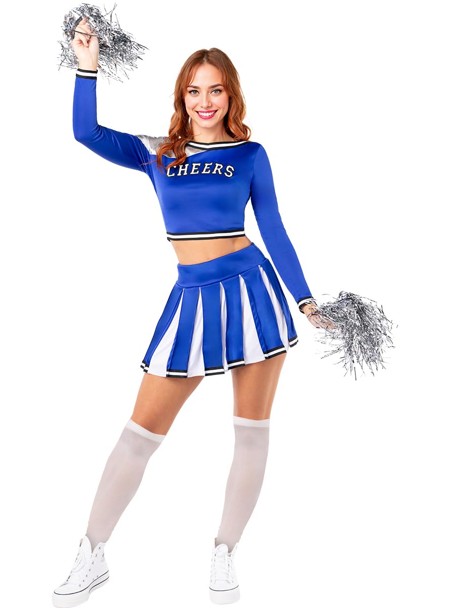 Funidelia Women's Blue - Costume With Accessories | Usa Cheerleader Costume With Accessories For Woman Cheerleader & American Football - Costume For Adults Accessory Fancy Dress & Props For Halloween, Carnival & Parties - Size S