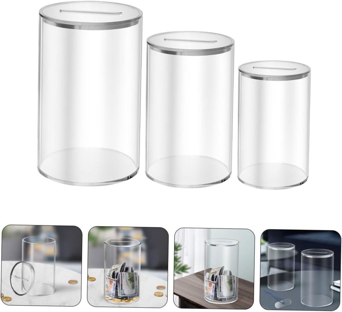 3Pcs Transparent Acrylic Coin Bank Money Saving Box for Home Office Stylish Desktop Decor Flat Bottom Design for Stability for Adults