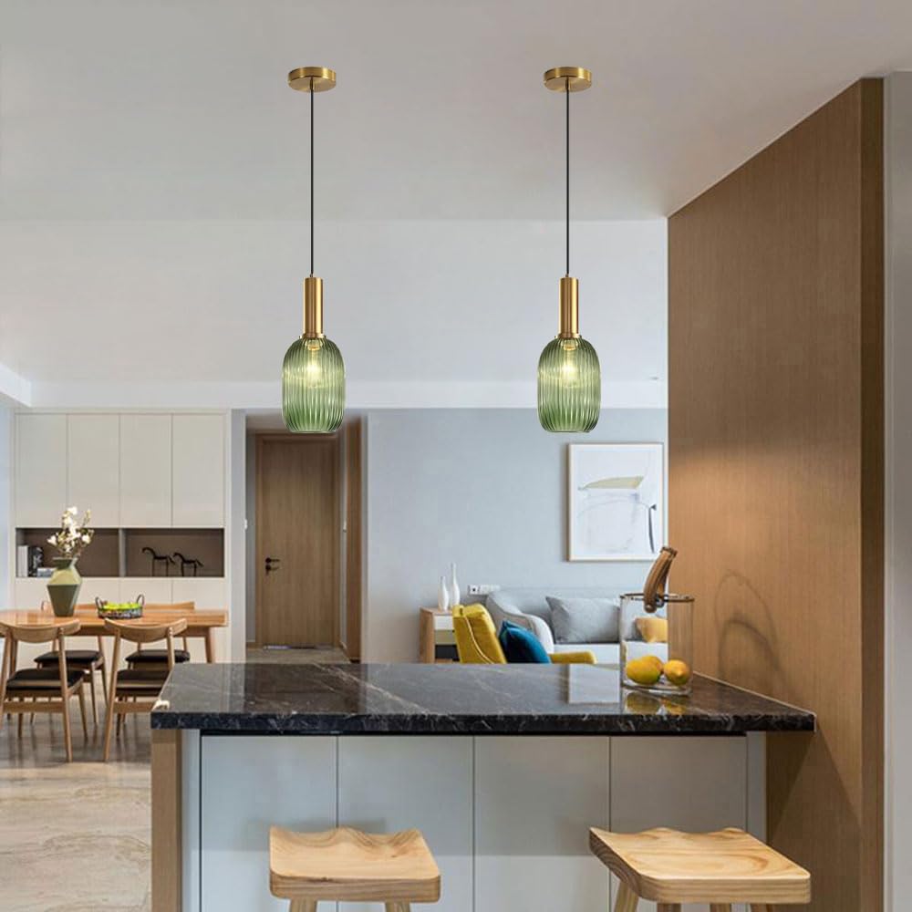 Lampada a sospensione in stile minimalista nordico, lampadario in vetro a strisce verdi, sorgente luminosa E26 lampada a ad altezza regolabile, apparecchi di illuminazione