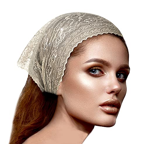 Beige Vintage Lace Headband Wide Floral Hair Band Metallic Silver Shine (Beige silver shine)