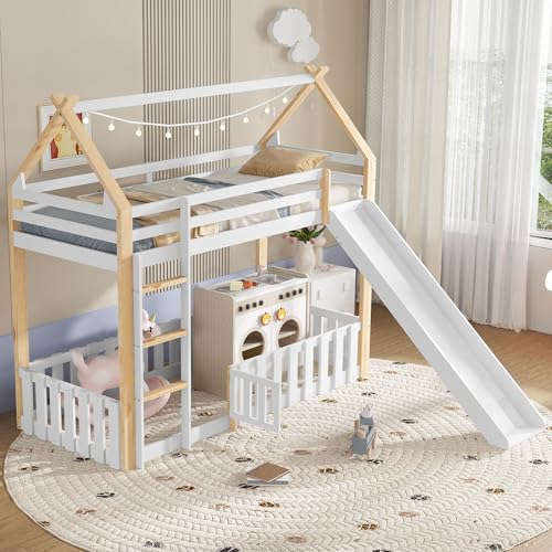 SACOOL Litera, 90 x 200 cm, cuna, exquisita forma de techo, con divertido tobogán infantil, espacio libre con valla, somieres de listones estables y escalera, pino + MDF + madera contrachapada, blanco