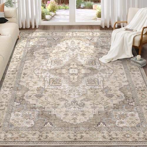 EIEIHOUSE Washable Area Rugs for Living Room - 8x10 Neutral Vintage Distressed Floral Farmhouse Boho...