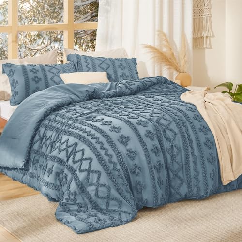 Image of Bedsure Tufted Boho Comforter Set King Size - Dusty Blue Boho Bed Set, GentleSoft 3 Pieces Farmhouse-Style Embroidery Bedding, Gifts for Woman, Soft Jacquard Kids' King Comforter for All Seasons