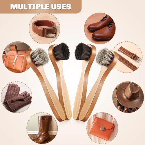 Image of 4 Pcs Horsehair Shine Shoes Brush Kit Polish Dauber Applicators Cleaning Leather Shoes Boots Care Brushes Suede Cleaner Brush with Microfiber Shoe Cloth(Wooden Handle B)