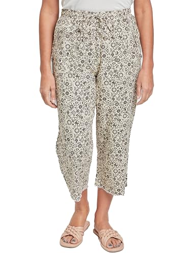 Royalty For Me Women's High Rise Linen Capri Pant with Fray Detail, Natural Brown Ditsy, L