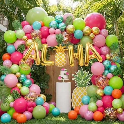 171Pcs Tropical Balloons Arch Garland Kit Hawaiian Luau Aloha Party Decorations with Olive Green Hot Pink Orange Rose Gold Confetti Balloons Palm Leaves for Summer Party Baby Shower Wedding Birthday