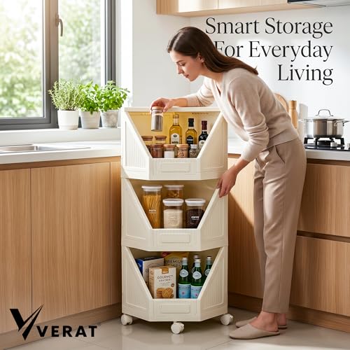 Image of VERAT 3 Tier Plastic Corner Storage Cabinet Foldable Cupboard with Layer Locking System Multipurpose Storage Organizer Rack for Clothes Books Toys and Home Decor White (Off White)