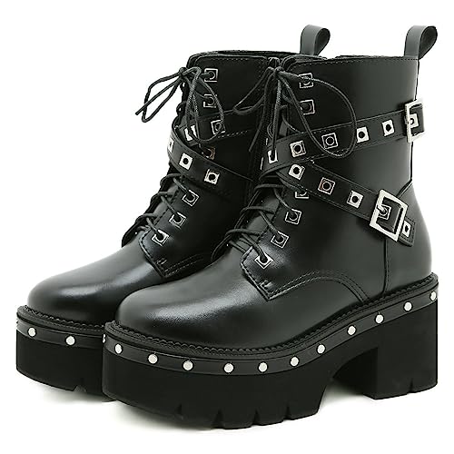 Image of Parisuit Womens Goth Patent Ankle Boots Platform Chunky Combat Boots | Lace Up, Gothic Boots, High Heel, Punk Short Booties, Buckle Boots, Chain Boots
