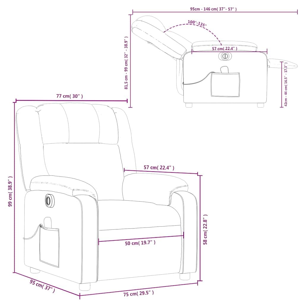 Sillón de masaje eléctrico con funda de tela en color crema, sillón de relax con 6 puntos de vibración, función reclinable eléctrica hasta 135 grados, reposabrazos anchos