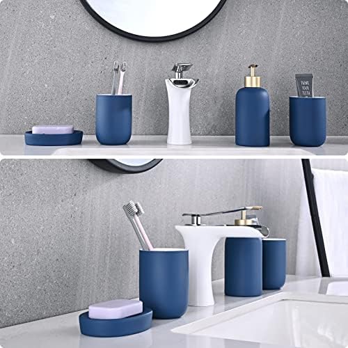 HANFU Bathroom Accessories Sets 4 Pcs, Ceramic Bathroom Set Complete with 2 x 300ml Toothbrush Cup Holder, Refillable Soap Dispenser 340ml, and Soap Dish, Home Bathroom Accessory Wash Set, Blue