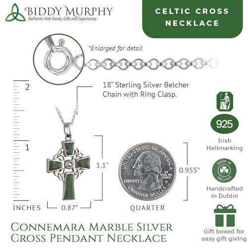 Biddy Murphy Irish Celtic Cross 18" Necklace with Connemara Marble, Trinity Knot Catholic 925 Sterling Silver Pendant, Fine Jewelry Imported Direct from Ireland - Image 4