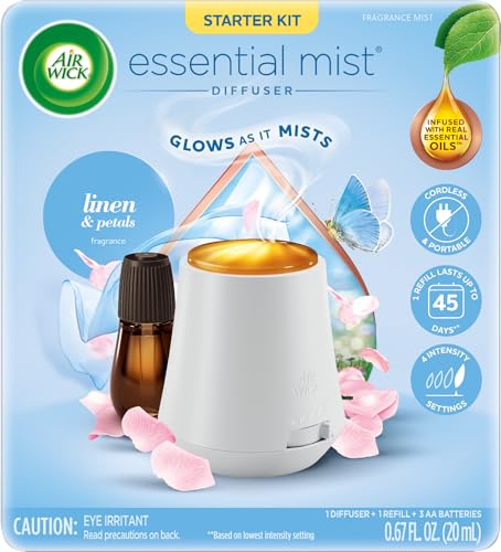 Air Wick Essential Mist Starter Kit (Gadget + 1 Refill), Linen & Petals, Air Freshener, Essential Oils