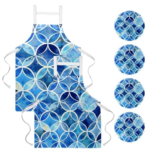 Lot de 2 tabliers de cuisine avec 2 poches motif mosaïque bleu pour cuisiner au quotidien
