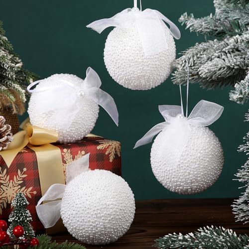 Soulchen 4 Pcs White Pearl Christmas Ball Ornaments 3.15 Inch Shatterproof Hanging Foam Pearl Balls Christmas Decorations for Tree Xmas Holiday Wedding Party Decor