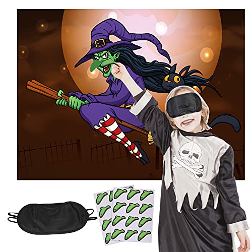 SUNYOK Epingler Le Nez sur Sorcière Halloween Jeux de L'âne pour Enfant Accessoires Jeux de Queue pour Soirée Affiche Sorcière avec 24pcs Autocollants de Nez et 1pcs Bandeau Noir Cover