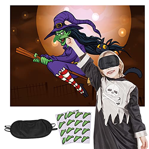 SUNYOK Epingler le Nez sur Sorcière Halloween Jeux de L'âne pour Enfant Accessoires Jeux de Queue pour Soirée Affiche Sorcière avec 24pcs Autocollants de Nez et 1pcs Bandeau noir