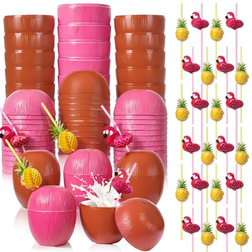 CHENGU 48 Pcs Coconut Cups Set Include 24 Coconut Cups 12 Pineapple Straws 12 Flamingo Straws Hawaiian Luau Tiki and Summer Beach Party Decorations for Adults Party Favor (Pink,Brown)